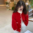 【橘魔法】酒紅針織花邊羊羔絨長袖外套(厚外套 開衫外套 聖誕節 耶誕 過年 喜宴 新年 大紅 女童 童裝 兒童)