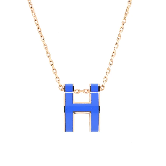 【Hermes 愛馬仕】Mini Pop H pendant 經典H立體橢圓簍空項鍊(飽和藍73/金)