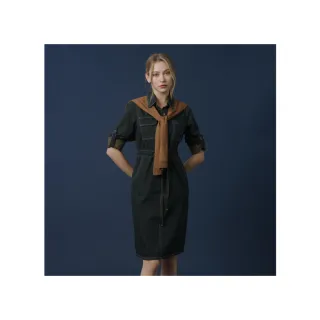 【YUTZUYA 優姿雅】韓風造型披肩襯衫式牛仔長洋裝(長袖/復古排釦/收腰抽繩/兩側口袋/反摺袖釦/後開衩)