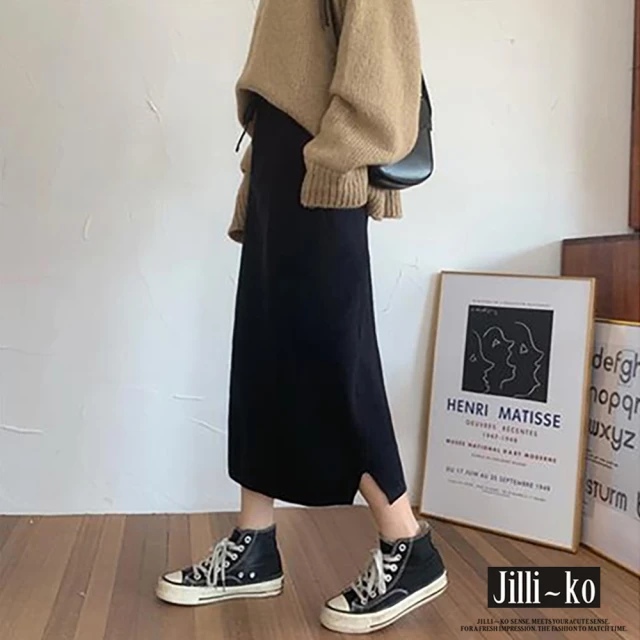 JILLI-KO 高腰繫帶半身直筒開衩針織A字裙-F(黑)