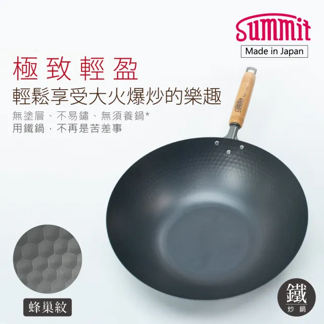 【Summit】輕量氮化處理鐵鍋-33cm炒鍋+玻璃蓋(蜂巢紋)