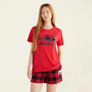 【Roots】Roots女裝-經典小木屋系列 格紋海狸LOGO短袖T恤(紅色)