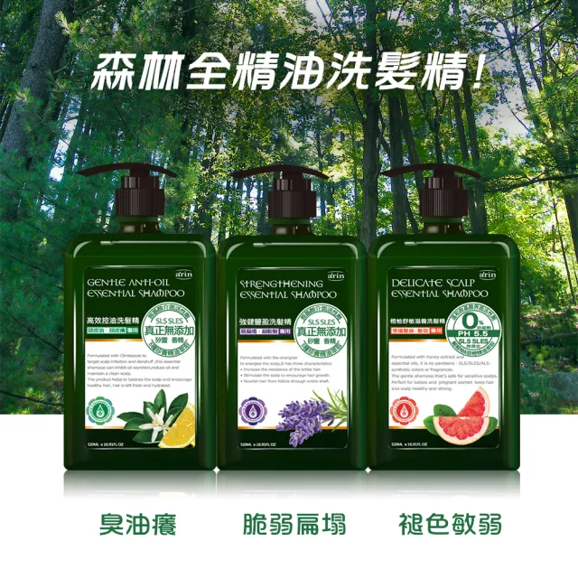 【arin 氧潤】沙龍級精油洗髮精組 控油+強健+橙柚520ml 各1入(胺基酸洗髮精)