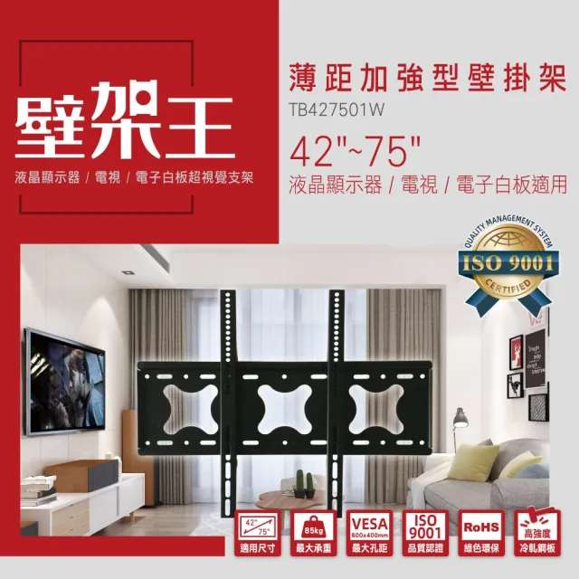 【Ergotech 人因科技】壁架王 42-75吋薄距加強型壁掛架(適用任何廠牌電視)