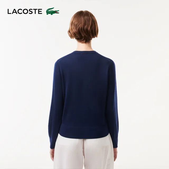 【LACOSTE】女裝-圓領開襟長袖羊毛衫(海軍藍)