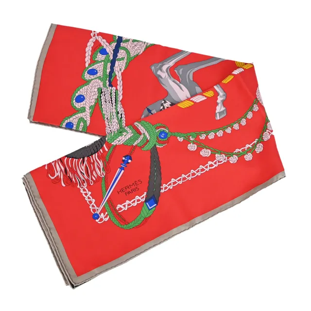 【Hermes 愛馬仕】Le Timbalier 90 cm手工捲邊斜紋真絲雙面方巾(紅)