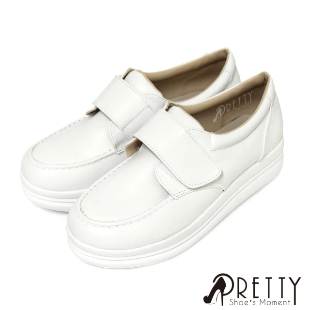 【Pretty】白色學生鞋 護士鞋 厚底休閒鞋 小白鞋 沾黏式 台灣製(白色/36-40)