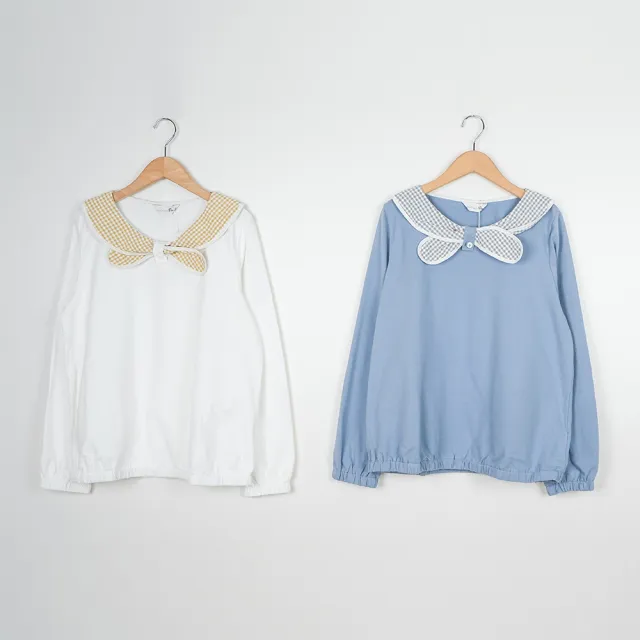【Dailo】格紋假領巾設計棉長袖上衣(藍 米 灰/魅力商品)