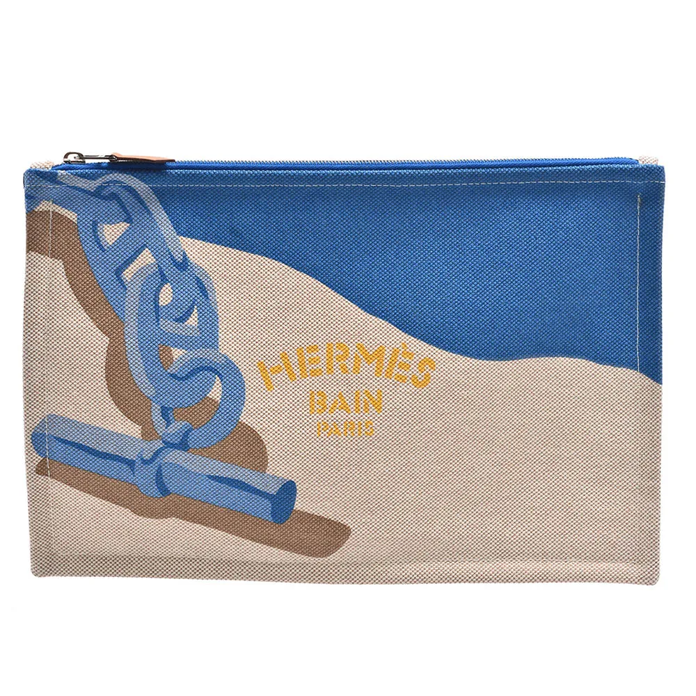 【Hermes 愛馬仕】經典Escale a la Plage鍊條圖騰帆布手拿包(藍色H103455M-BLUE)