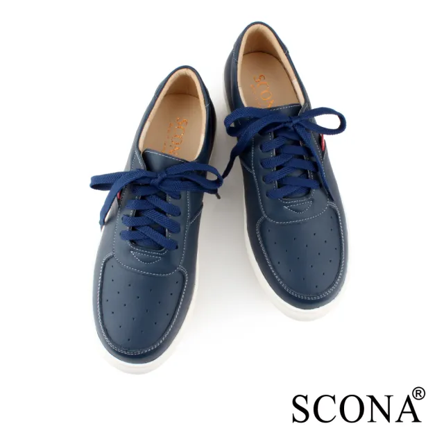 【SCONA 蘇格南】全真皮 率性綁帶厚底休閒鞋(藍色 7399-3)