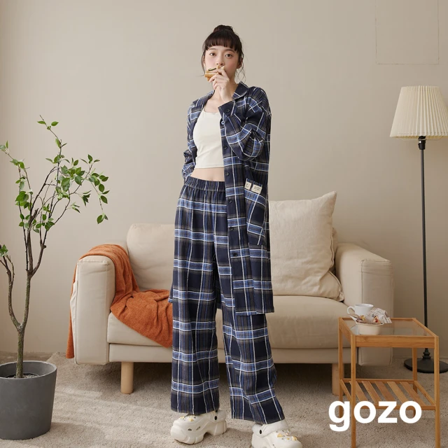 【gozo】g+ Lazy day懶在家格紋鬆緊長褲(兩色)