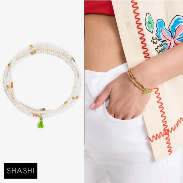 【SHASHI】紐約品牌 Eliza 白色珍珠 三層手鍊 50公分項鍊 2用款(三層手鍊)