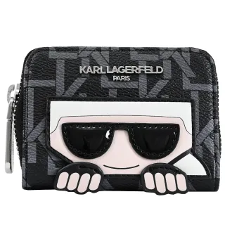 【KARL LAGERFELD 卡爾】老佛爺公仔印花信用卡多層風琴式零錢包(黑灰)