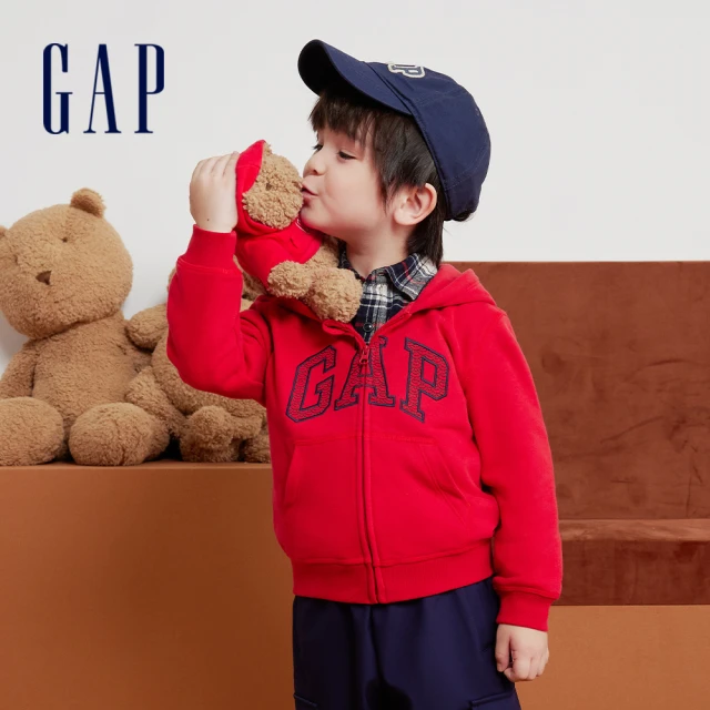GAP 男幼童裝 Logo印花連帽外套 碳素軟磨法式圈織系列-紅色(857671)