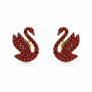 【SWAROVSKI 官方直營】Swan 耳釘 水晶珍珠 天鵝 紅色 鍍金色色調 交換禮物