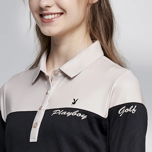 【PLAYBOY GOLF】女款異色剪接緹織吸濕排汗長袖POLO衫-黑(蓄熱保溫/高爾夫球衫/KA23203-88)