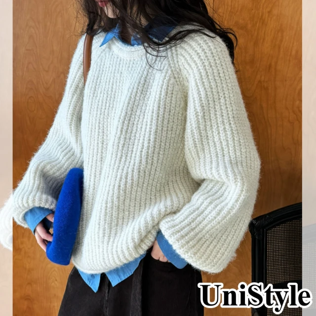 UniStyleUniStyle 加厚長袖毛衣 韓系粗針織燈籠袖慵懶捲邊 女 UVss350(奶白)