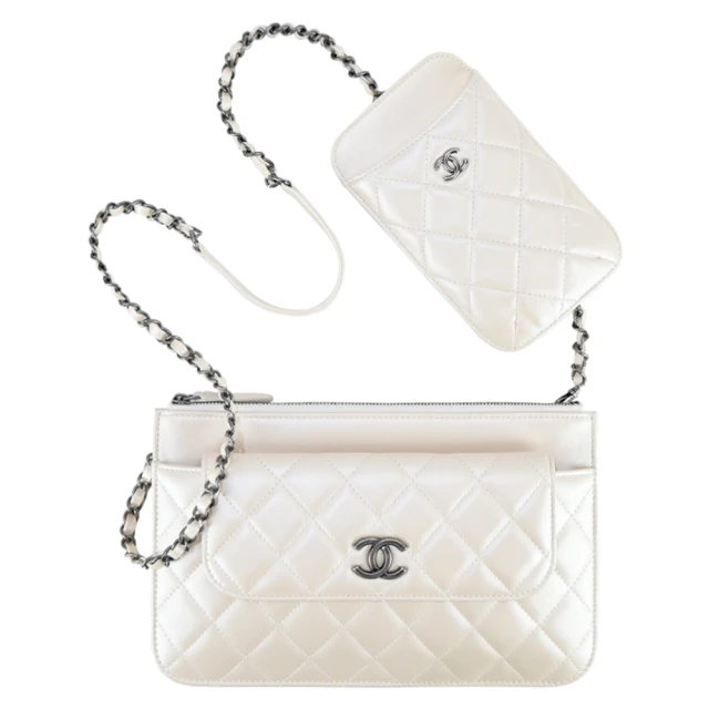 CHANEL 香奈兒 Clutch With Chain 菱格紋小羊皮三合一鏈帶斜背包(白色)