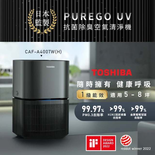 【TOSHIBA 東芝】PUREGO UV抗菌除臭空氣清淨機 CAF-A400TW-H 適用5-8坪