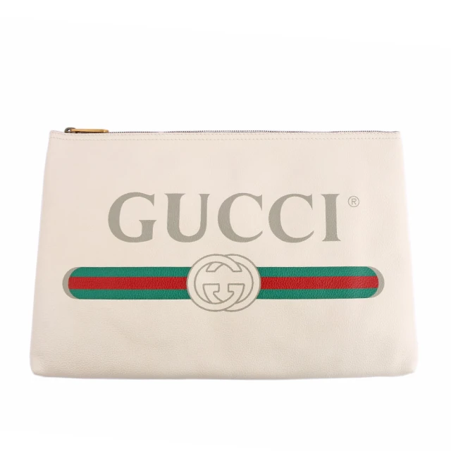 GUCCI 古馳 小牛皮復古綠紅綠LOGO手拿包(白色)