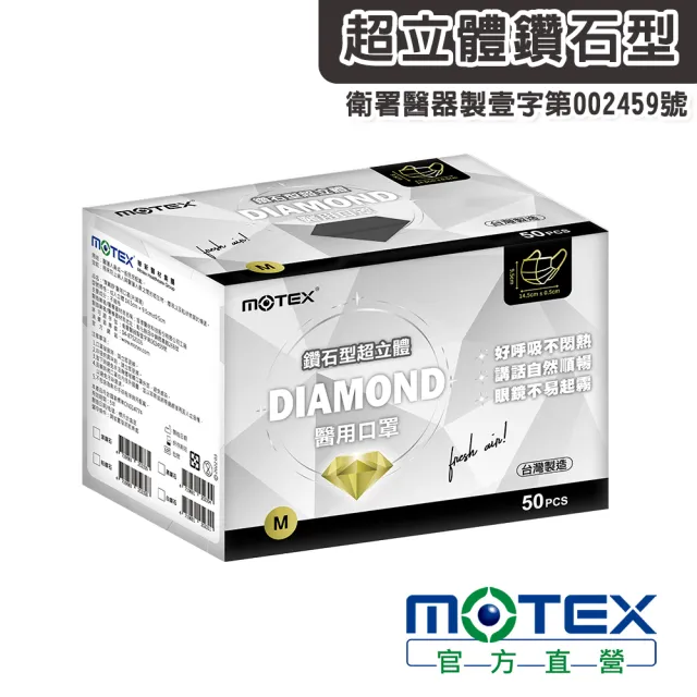 【MOTEX 摩戴舒】小臉鑽石型醫用成人口罩(黑色 50片/盒)