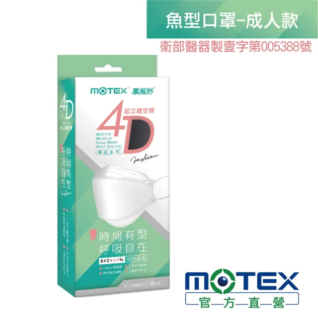 【MOTEX 摩戴舒】韓版4D立體醫療用口罩 魚型口罩(極致黑 10片/盒)