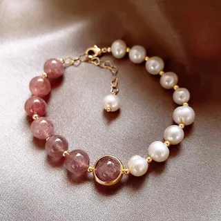 【赫本珠寶】天然珍珠粉草莓桃花水晶(手鏈)