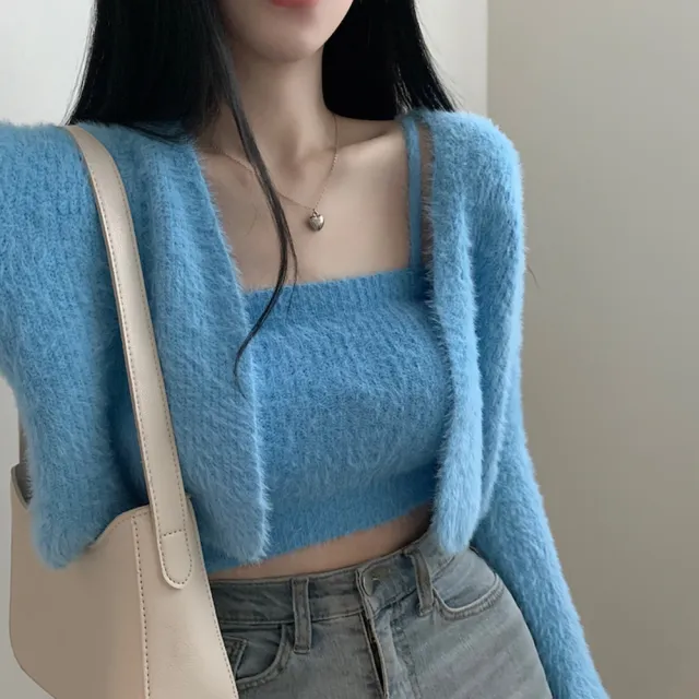 【D.studio】韓版氣質軟糯毛絨絨兩件式毛衣外套+背心(套裝女裝衣服外套長袖小可愛女裝衣服 J234)