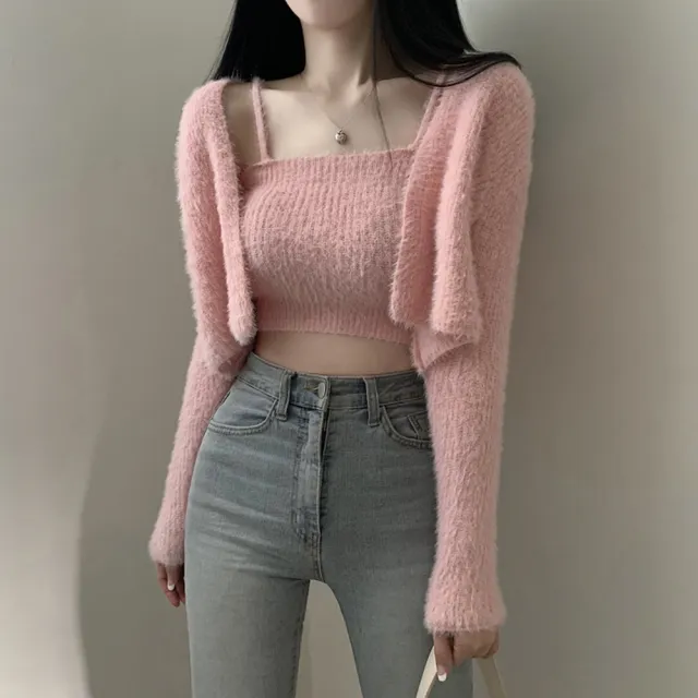 【D.studio】韓版氣質軟糯毛絨絨兩件式毛衣外套+背心(套裝女裝衣服外套長袖小可愛女裝衣服 J234)