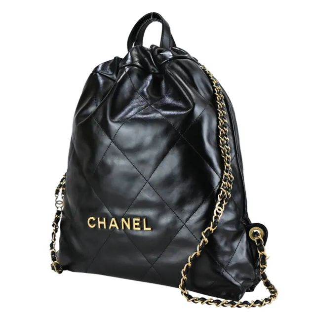 【CHANEL 香奈兒】22新款經典LOGO V字縫線亮面小牛皮雙肩後背包(黑色)『entrupy安心購』