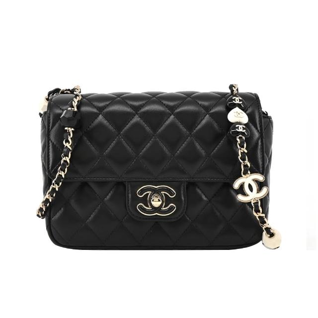 【CHANEL 香奈兒】經典雙C LOGO菱格紋小羊皮黑白愛心鏈帶斜背包(黑色)