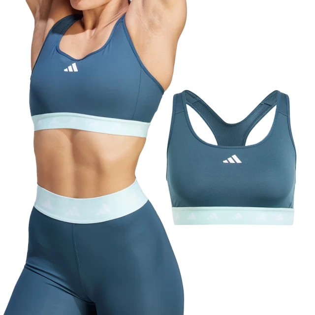 【adidas 愛迪達】TECHFIT 女款 藍綠色 高強度 可拆式 中度支撐 吸濕排汗 運動 內衣 IJ5704