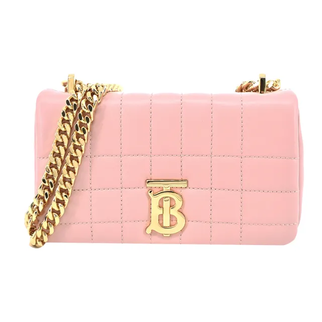 【BURBERRY 巴寶莉】Lola TB金字LOGO絎縫羊皮鏈帶肩背/斜背包(迷你/淡粉)