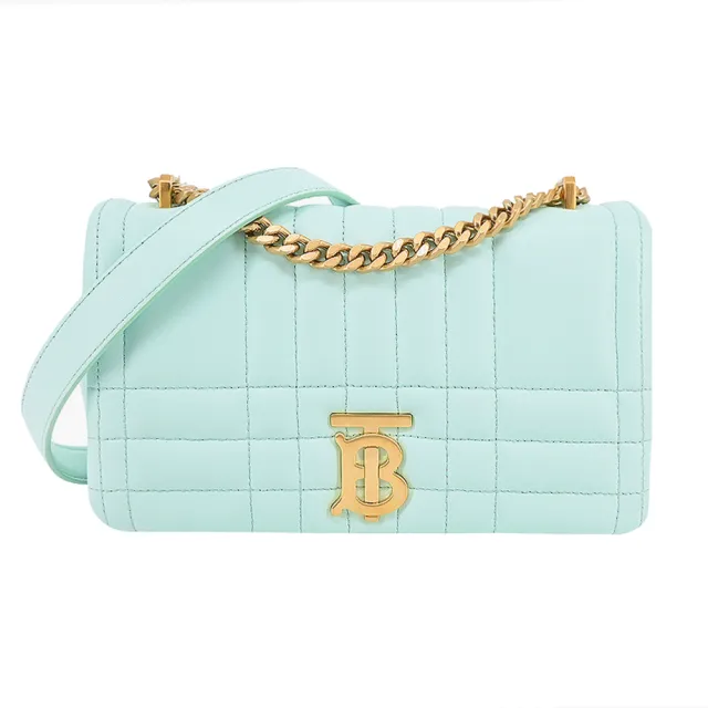 【BURBERRY 巴寶莉】Lola金字LOGO絎縫羊皮鏈帶肩背/斜背包(小型/薄荷色)