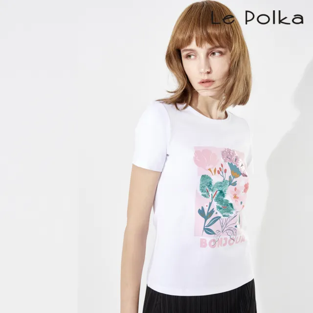 【Le Polka】粉紅花卉亮片棉Ｔ-女