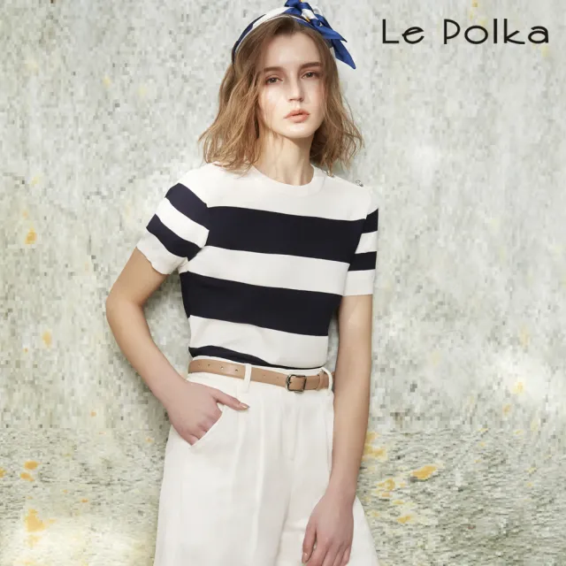 【Le Polka】百搭藍白寬條紋針織上衣-女