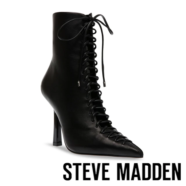 【STEVE MADDEN】KURTSY 真皮尖頭綁帶細跟短靴(黑色)