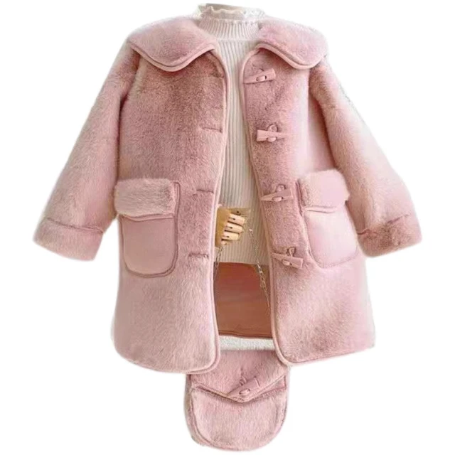 時尚Baby 女童外套粉色絨毛保暖厚外套含包包(女童秋冬防風外套可愛保暖外套含包包)