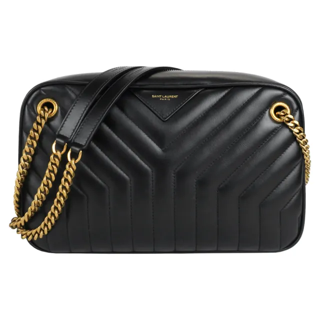 【YSL】素面牛皮V字縫線鏈帶肩背/相機包(黑金)