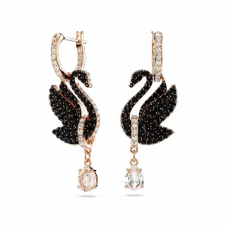 【SWAROVSKI 官方直營】Swarovski Swan 水滴形耳環 天鵝 黑色 鍍玫瑰金色調