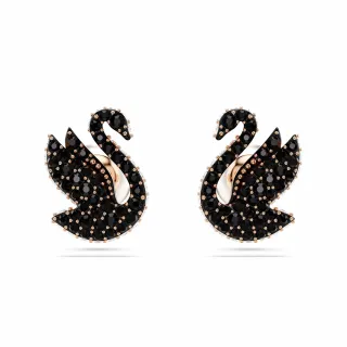 【SWAROVSKI 官方直營】Swarovski Swan 耳釘 天鵝 黑色 鍍玫瑰金色調 交換禮物