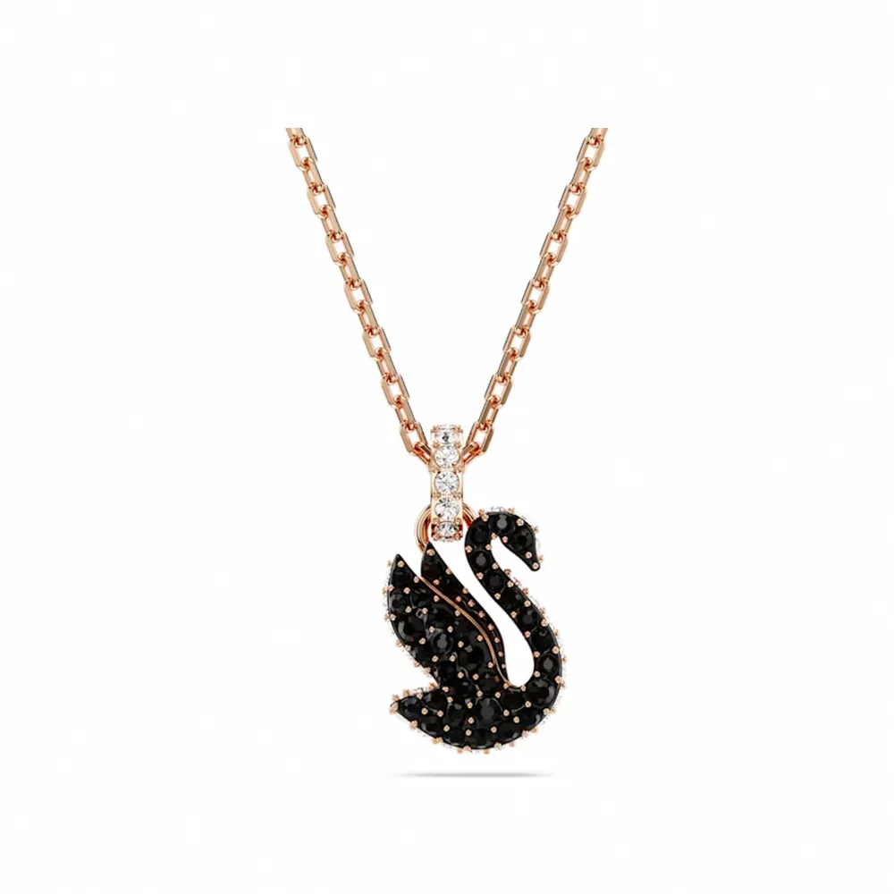 【SWAROVSKI 官方直營】Swarovski Swan 鏈墜 天鵝 細碼 黑色 鍍玫瑰金色調