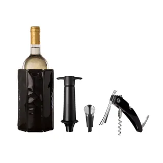 【VACU VIN】軟冰桶+開酒瓶塞注酒抽真空組 黑 / 開酒器 開瓶器 瓶塞 酒塞 鋁箔刀 冰酒桶