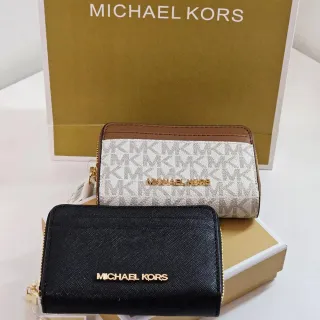 【Michael Kors】MICHAEL KORS 拼接皮革拉鍊零錢卡片包兩色可選防刮黑色/滿版咖白(禮盒送禮)