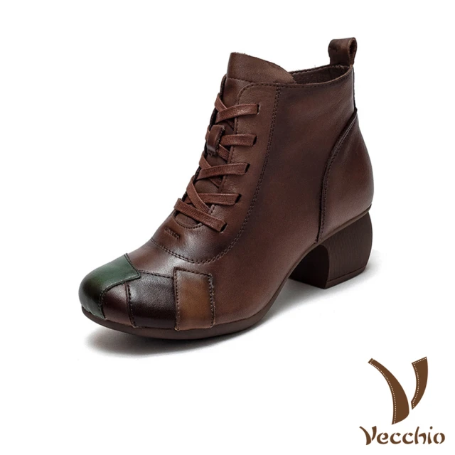 【Vecchio】真皮短靴 粗跟短靴/全真皮頭層牛皮色塊拼接時尚繫帶粗跟短靴(棕)
