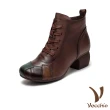 【Vecchio】真皮短靴 粗跟短靴/全真皮頭層牛皮色塊拼接時尚繫帶粗跟短靴(棕)