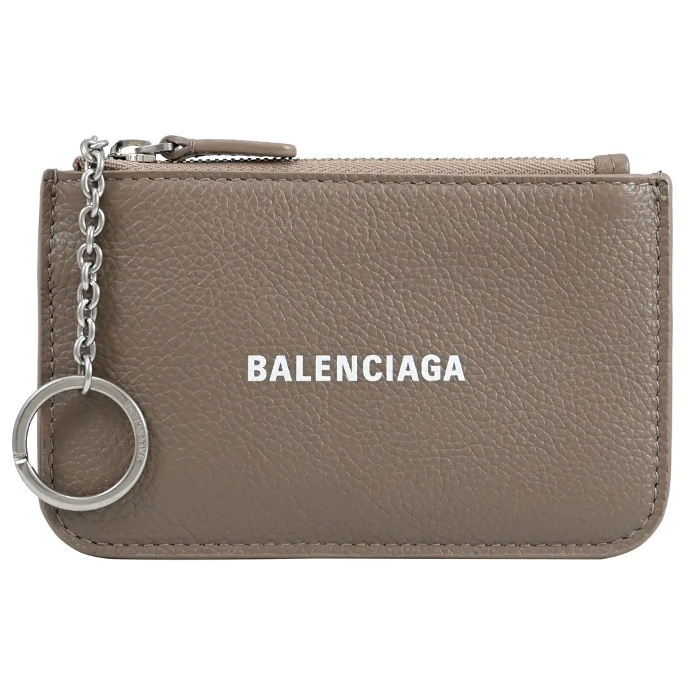 【Balenciaga 巴黎世家】簡約經典品牌LOGO小牛皮鑰匙圈零錢包(大象灰)