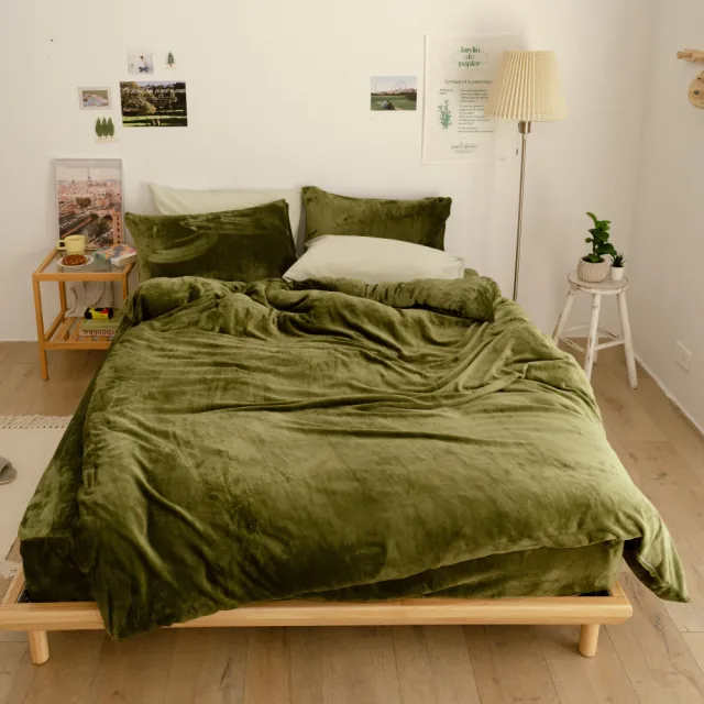 【翔仔居家】2023新花色 極緻柔暖法蘭絨被毯冬被床包4件組(森林濃綠-雙人)