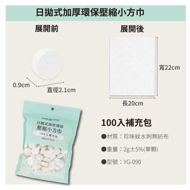 【FL 生活+】100入-日拋式加厚環保壓縮小方巾-20x22公分(拋棄式毛巾/壓縮毛巾/旅行/洗臉巾/糖果毛巾)