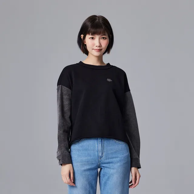 【Lee】女裝 長袖厚T / 異材質 牛仔袖拼接  氣質黑 季節性版型 / 101+系列(LB330026K11)